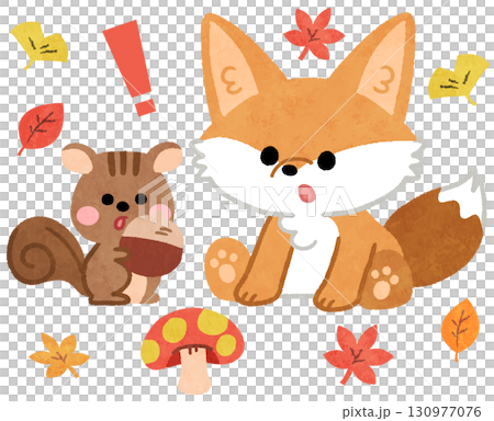 秋の紅葉のなかにいるかわいいキツネとリスの動物アイコンイラスト 秋の紅葉のなかにいるかわいいキツネとリスの動物アイコンイラスト 130977076