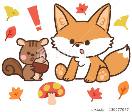 秋の紅葉のなかにいるかわいいキツネとリスの動物アイコンイラスト 秋の紅葉のなかにいるかわいいキツネとリスの動物アイコンイラスト 130977077
