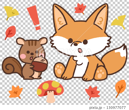 秋の紅葉のなかにいるかわいいキツネとリスの動物アイコンイラスト 秋の紅葉のなかにいるかわいいキツネとリスの動物アイコンイラスト 130977077