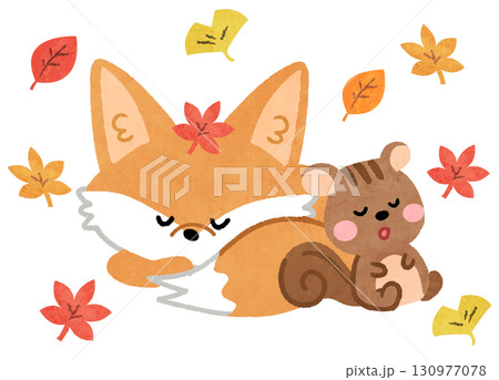 秋の紅葉のなかで眠るかわいいキツネとリスの動物アイコンイラスト 130977078
