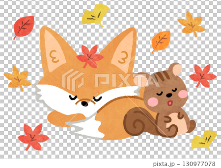 秋の紅葉のなかで眠るかわいいキツネとリスの動物アイコンイラスト 130977078
