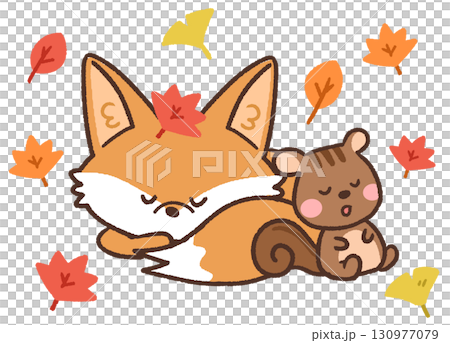 Cute fox and squirrel animal icon illustration sleeping among autumn leaves Cute fox and squirrel animal icon illustration sleeping among autumn leaves 130977079