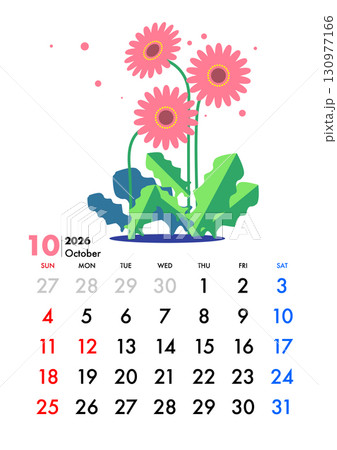 2026年, カレンダー,10月,ガーベラ,日曜始まり,エコ 2026年, カレンダー,10月,ガーベラ,日曜始まり,エコ 130977166