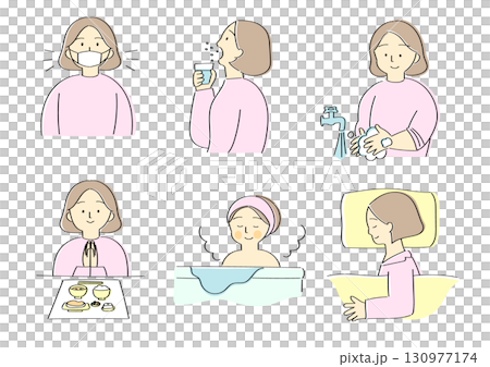 預防感冒和改善生活習慣的女性插圖集 預防感冒和改善生活習慣的女性插圖集 130977174