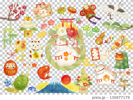 かわいい水彩タッチの午年の年賀用カットイラスト素材セット 130977179