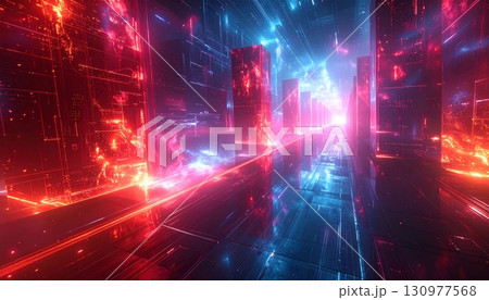 Glowing lights and colorful waves create an abstract digital background with a bright, flowing texture 130977568