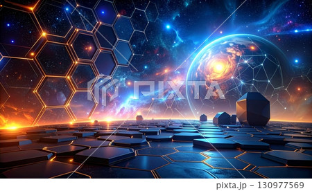 Digital glowing lines and stars explode across a futuristic virtual fractal realm of abstract light and energy 130977569