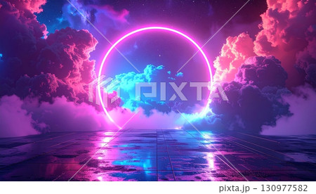 Moonlight illuminates a fantastic landscape of blue clouds and stars, with a distant planet and abstract light reflecting on the sea 130977582