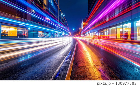 Vibrant urban lights blur with the motion of cars on a busy city highway at night Vibrant urban lights blur with the motion of cars on a busy city highway at night 130977585