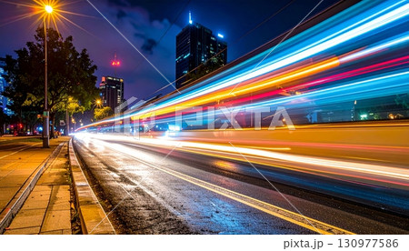 Vibrant urban lights blur with the motion of cars on a busy city highway at night Vibrant urban lights blur with the motion of cars on a busy city highway at night 130977586