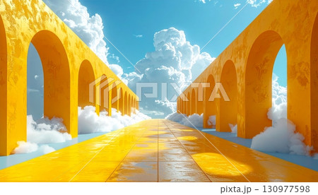 Medieval European architecture with ancient brick archway, a golden gate in the sky 130977598