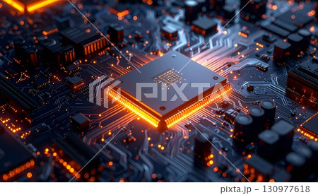 A vibrant green computer circuit board with intricate microchips, capacitors, and transistors A vibrant green computer circuit board with intricate microchips, capacitors, and transistors 130977618