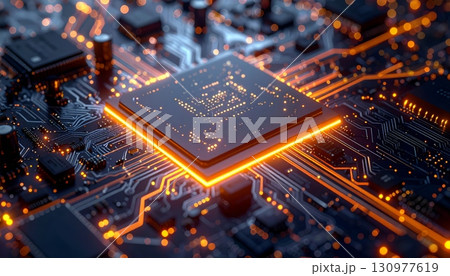 A vibrant green computer circuit board with intricate microchips, capacitors, and transistors A vibrant green computer circuit board with intricate microchips, capacitors, and transistors 130977619