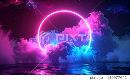 A stunning fantasy landscape of a beautiful night sky with a full moon and dark clouds 130977642