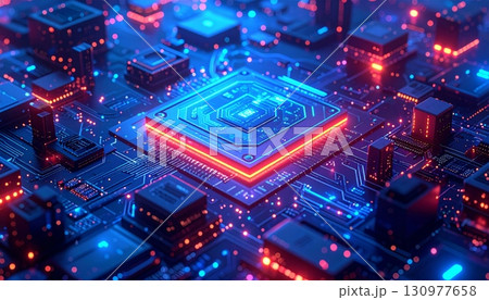 A detailed macro shot of a blue printed circuit board reveals intricate digital technology with a central processor chip 130977658