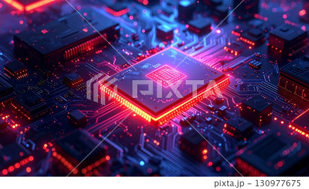 Abstract circuit board background with glowing lights and electronic components 130977675