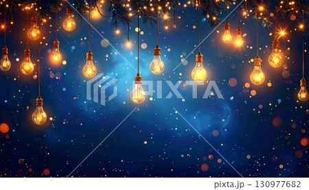 Magical holiday lights sparkle in the night, with glowing bokeh and rain drops on the window 130977682