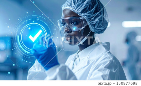 A caring female medical doctor wearing a mask and holding a syringe symbolizes the front lines of modern healthcare and medical research A caring female medical doctor wearing a mask and holding a syringe symbolizes the front lines of modern healthcare and medical research 130977698