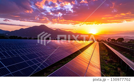 Vast photovoltaic panels on a green hillside generate clean solar energy under a clear blue sky, powering a sustainable future for a healthier environment 130977702