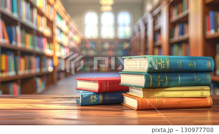 Row after row of knowledge on old library shelves 130977708