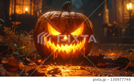 A glowing evil pumpkin lantern smiles in the dark, a spooky Halloween decoration 130977749