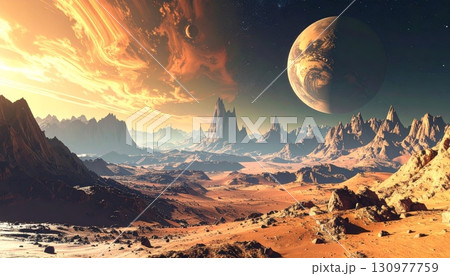 A breathtaking panoramic winter mountain landscape at sunset with snow-capped peaks under a vibrant sky 130977759