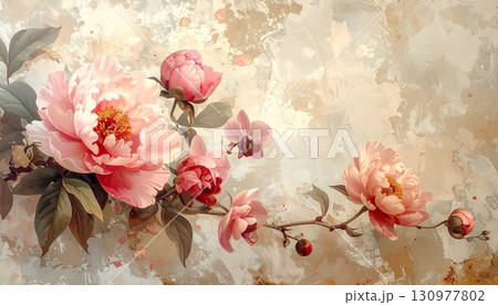 A closeup of a beautiful pink peony flower in bloom shows its delicate petals A closeup of a beautiful pink peony flower in bloom shows its delicate petals 130977802