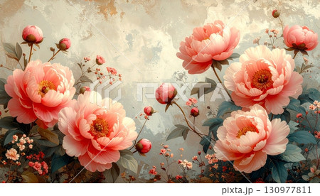 A closeup of a beautiful pink peony flower in bloom shows its delicate petals 130977811