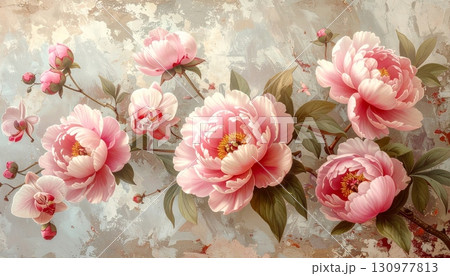 A closeup of a beautiful pink peony flower in bloom shows its delicate petals 130977813