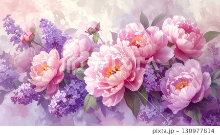 A closeup of a beautiful pink peony flower in bloom shows its delicate petals 130977814