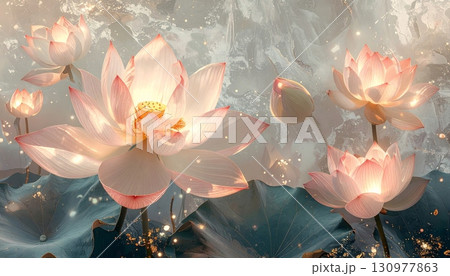 A delicate pink water lily blooms beautifully in a tranquil pond, its leaves and petals a vibrant display of nature's beauty 130977863