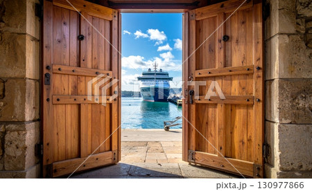 Rustic, vintage, and weathered, an old wooden church door with a peeling blue paint finish stands out against a stone wall Rustic, vintage, and weathered, an old wooden church door with a peeling blue paint finish stands out against a stone wall 130977866