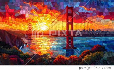 Golden Gate Bridge at sunset over the bay in San Francisco, California 130977886