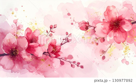 A delicate pink cherry blossom branch with blooming flowers against a soft spring background captures the beauty of nature 130977892