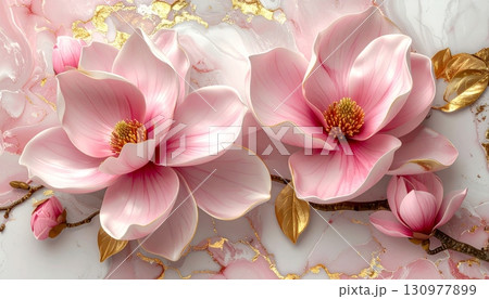 A vibrant, pink lily blossom with a white stripe on a petal is captured in a beautiful, macro closeup 130977899