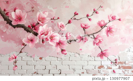 A vibrant pink cherry blossom branch blooms in the spring, showcasing the beauty of nature A vibrant pink cherry blossom branch blooms in the spring, showcasing the beauty of nature 130977907