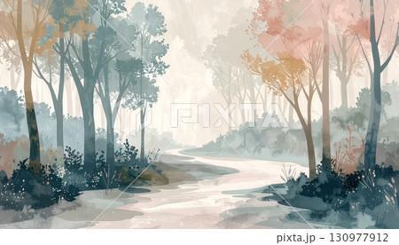 Sun rays filter through the misty forest, illuminating a tranquil path near a serene lake at sunrise 130977912
