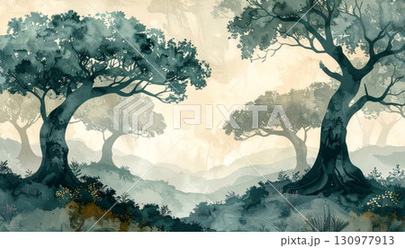 Sun rays filter through the misty forest, illuminating a tranquil path near a serene lake at sunrise 130977913