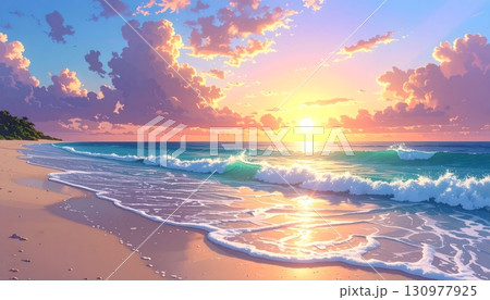 Warm tropical evening sun dipping below the ocean horizon over the sea, with a few clouds scattering across the sky 130977925