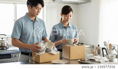 台所で食器を梱包する作業員男女 引越し業者 遺品整理業者 台所で食器を梱包する作業員男女 引越し業者 遺品整理業者 130977938