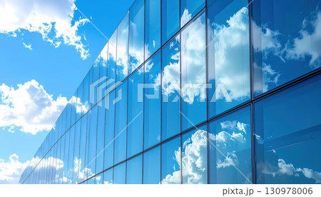 《AI画像》真っ青な青空と白い雲が反射した高層ビルのガラス 《AI画像》真っ青な青空と白い雲が反射した高層ビルのガラス 130978006