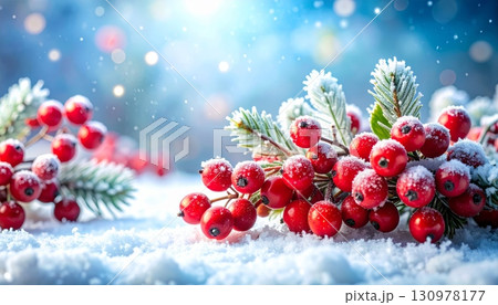Christmas fir tree branch with red holly berries and green pine needles on a snow background is a festive holiday season decoration Christmas fir tree branch with red holly berries and green pine needles on a snow background is a festive holiday season decoration 130978177