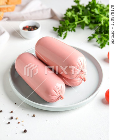 A closeup of fresh raw sausages and healthy vegetables on a plate, ready for a delicious meal A closeup of fresh raw sausages and healthy vegetables on a plate, ready for a delicious meal 130978179