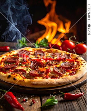 Pepperoni pizza with melted mozzarella cheese on a wooden board Pepperoni pizza with melted mozzarella cheese on a wooden board 130978184
