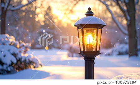 An antique metal lamppost illuminates a winter night in the old city 130978194