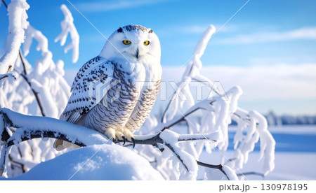 A wild snowy owl, a great horned raptor, hunts in the white winter snow 130978195