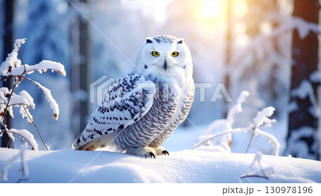 A wild snowy owl, a great horned raptor, hunts in the white winter snow 130978196