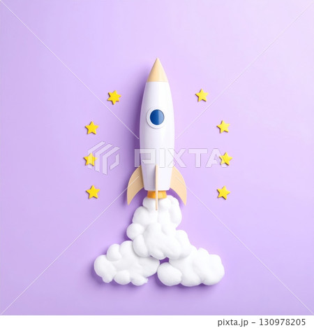 A cartoon 3d of a rocket ship on background 130978205
