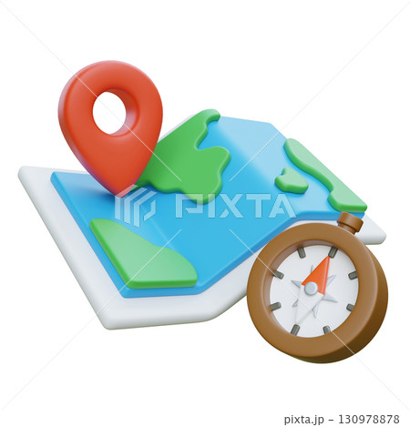 3D cartoon style Map with Location Pin and Compass 3D cartoon style Map with Location Pin and Compass 130978878