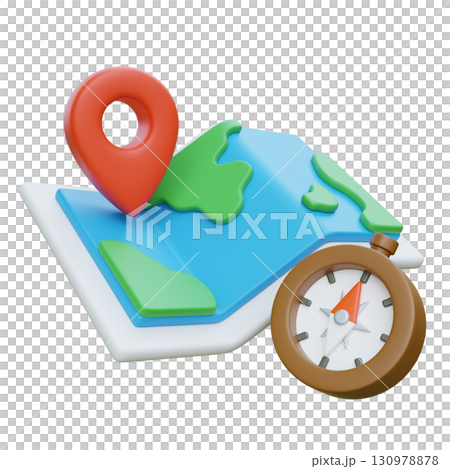 3D cartoon style Map with Location Pin and Compass 130978878